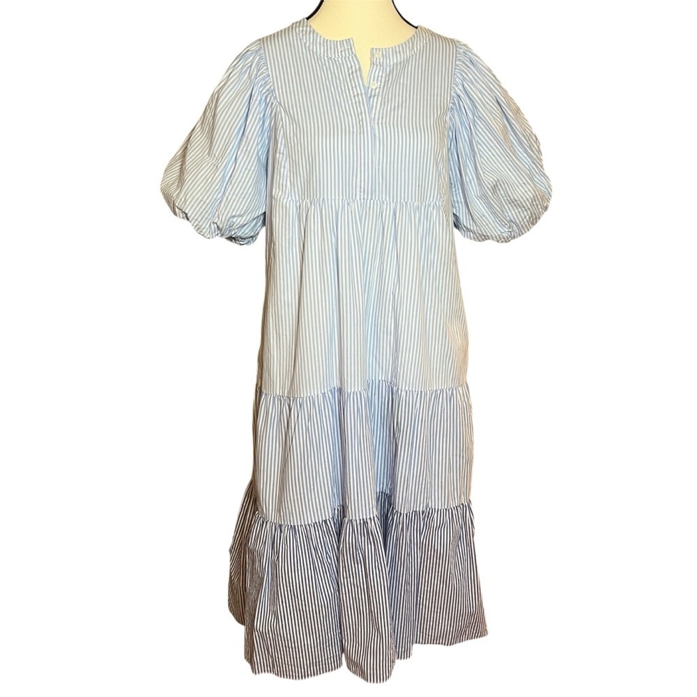 English Factory Puff Sleeve Blue White Tiered Midi Dress Ombré Womens Size S